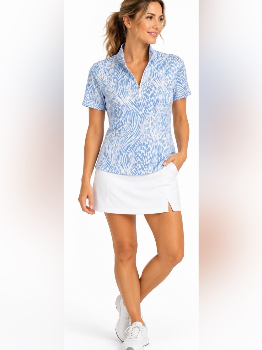 EUC IBKUL Women's Alena Print 1/4 Zip Mock